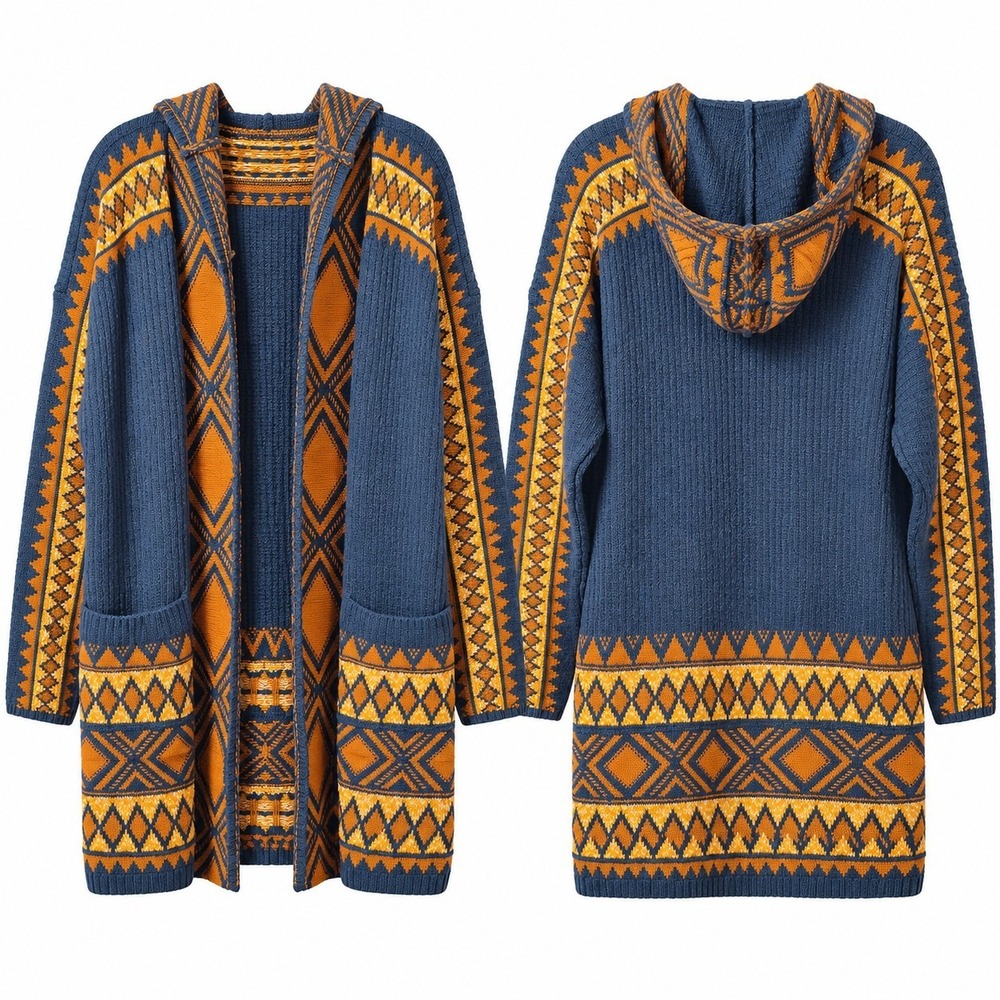LUCKY BRAND Hooded Southwestern Aztec Open-Front Cardigan Sz L Blue Tribal Cozy